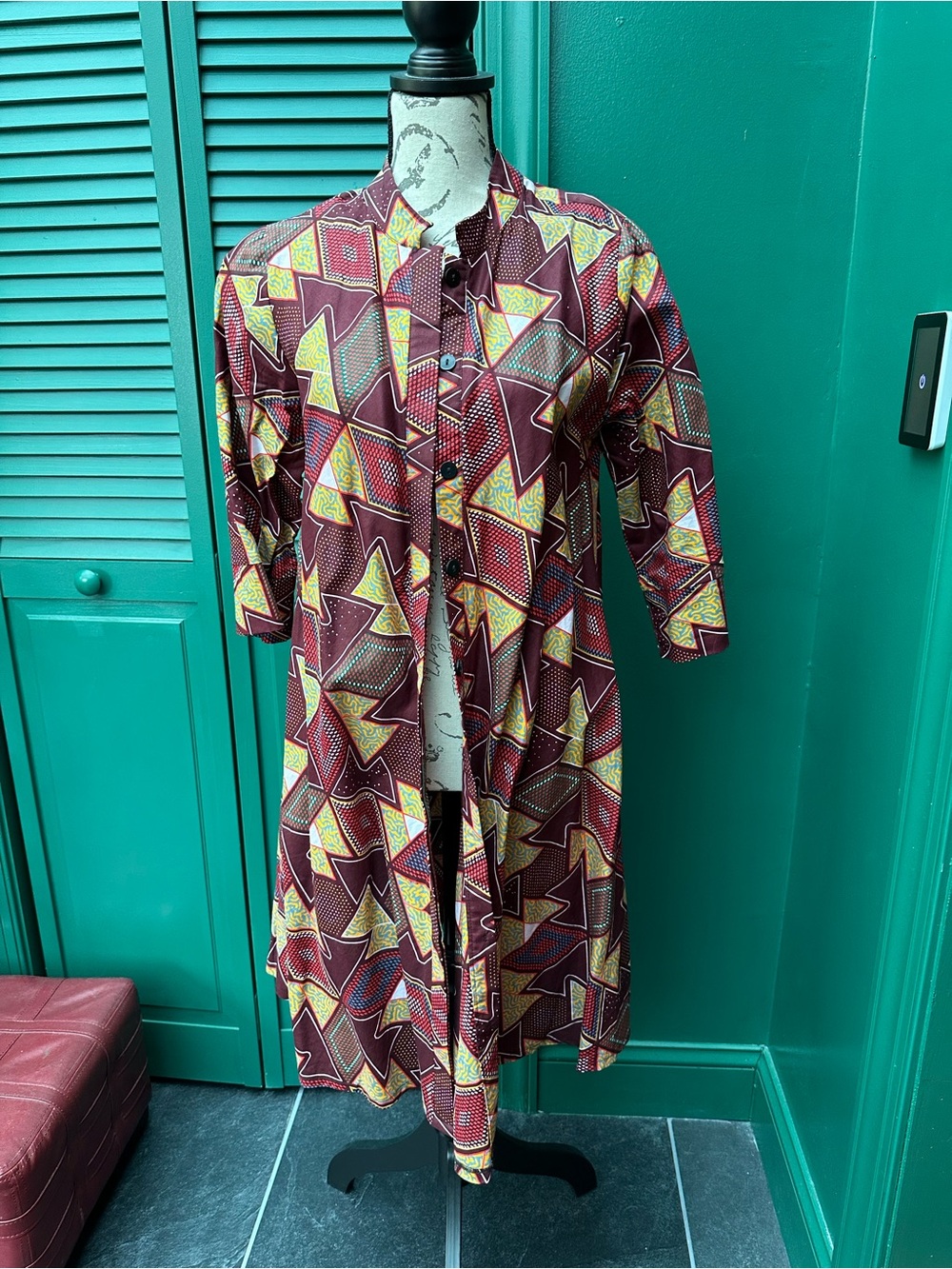 Women's Long Sleeve Geometric Print Dress in Burgundy and Yellow